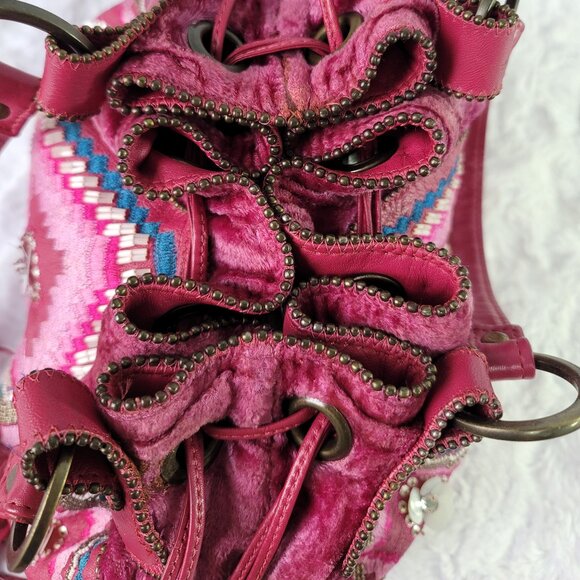 MATTHEW WILLIAMSON Pink Vibrant Round Drawstring Velvet Shoulder Bag - Picture 7 of 14